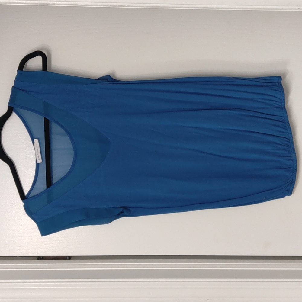 Blue shirt, sheer sleeves